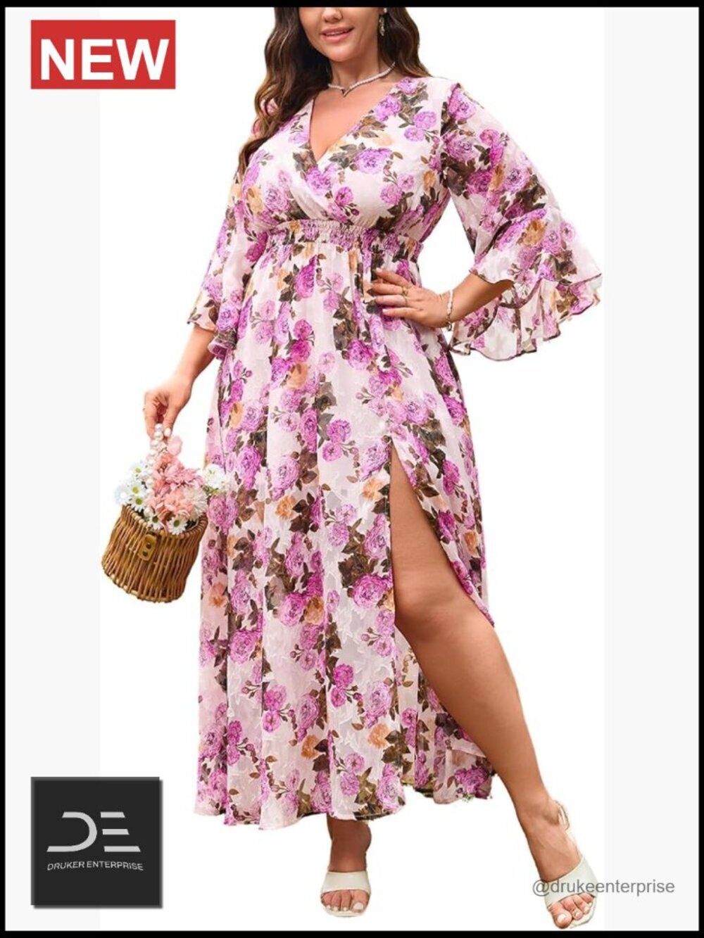 Plus Size Ruffle Bell Sleeve V Neck A Line Flowy Empire Waist Maxi Dress with
